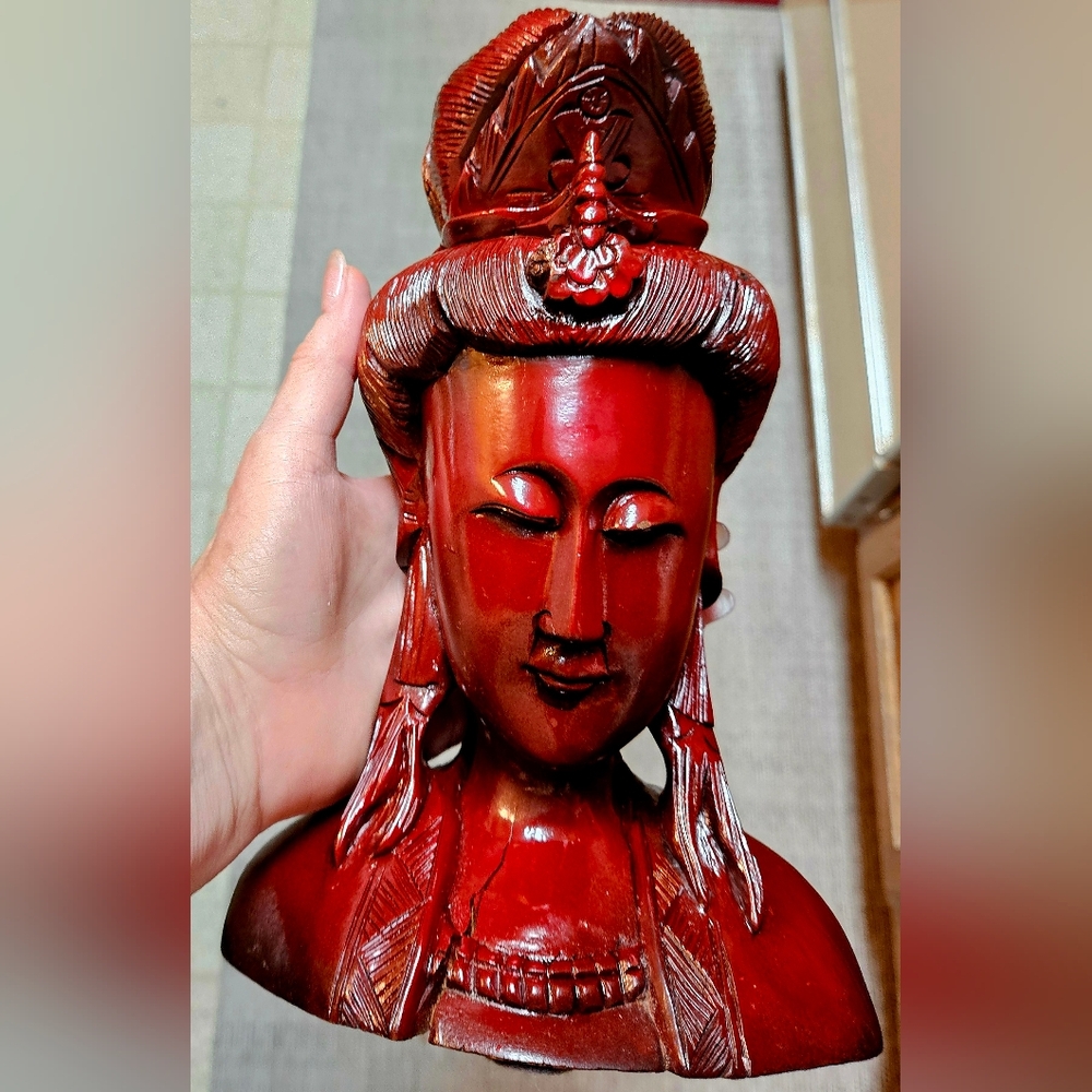 Beautiful Unique Wood Hand Carved Buddah Head Bust Sculpture 10"